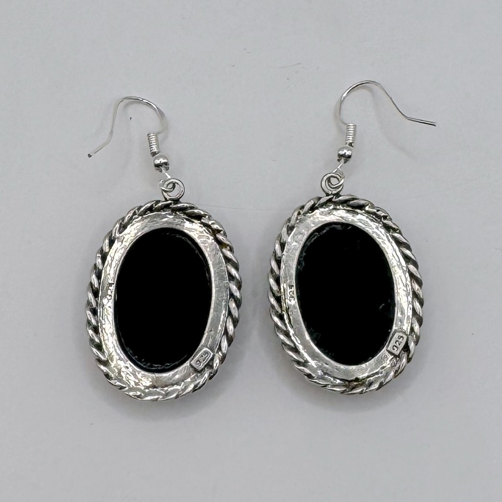 VINTAGE Navajo Oval Onyx & Sterling Silver Dangle Earrings - Picture 10 of 15